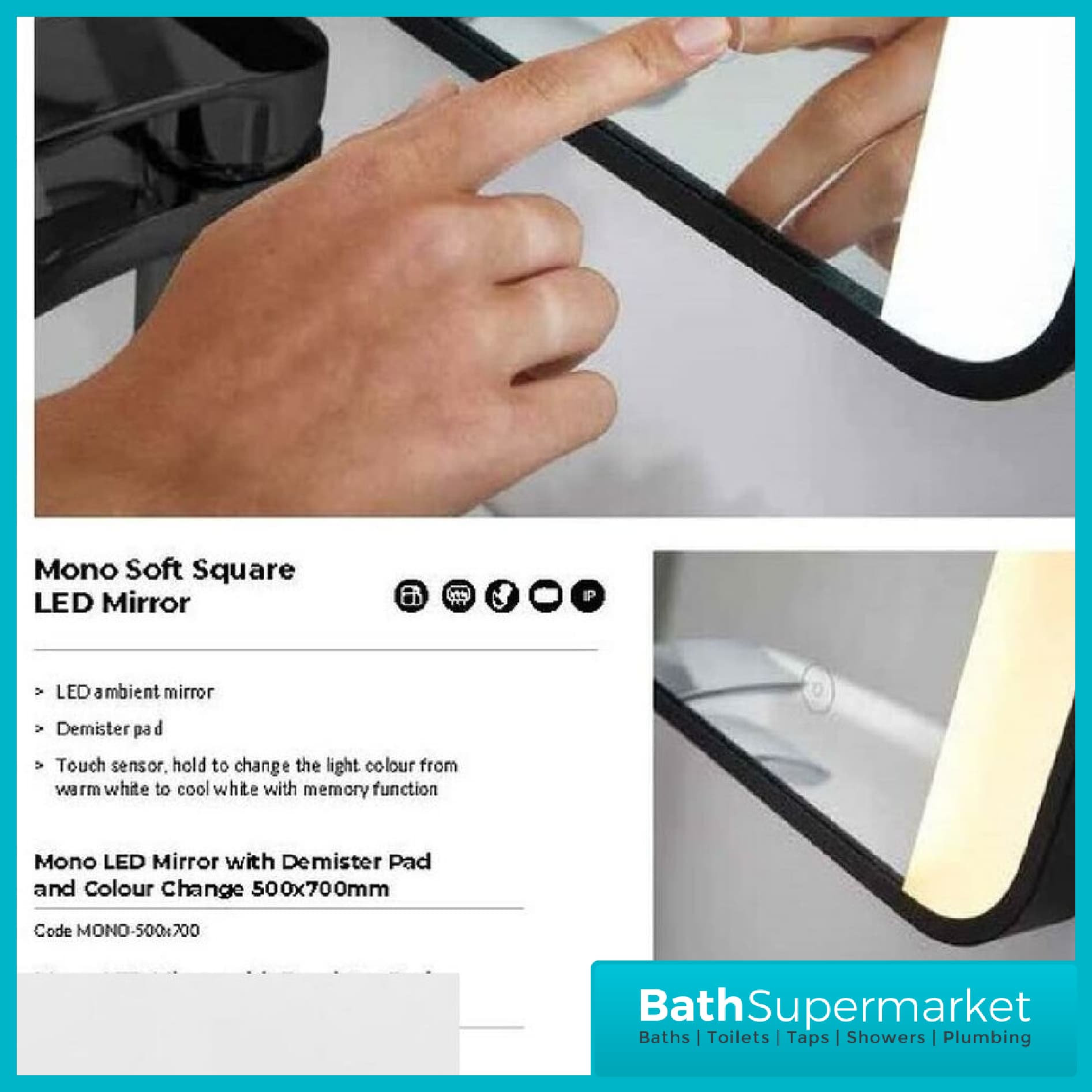 Sognare Noir Matt Black LED Touch Sensor Bathroom Mirror With Demister 500mm x 700mm