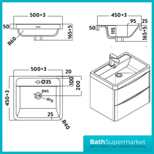Sognare Cella Matt Grey Floor Standing Vanity Unit & Basin 500mm Wide