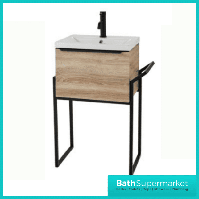 Kore Sonoma Oak Wall Mounted Drawer Unit With Black Frame & Ceramic Basin 800mm