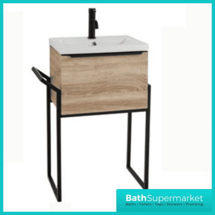 Kore Sonoma Oak Wall Mounted Drawer Unit With Black Frame & Ceramic Basin 500mm