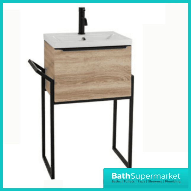 Kore Sonoma Oak Wall Mounted Drawer Unit With Black Frame & Ceramic Basin 500mm