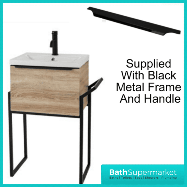 Kore Sonoma Oak Wall Mounted Drawer Unit With Black Frame & Ceramic Basin 800mm