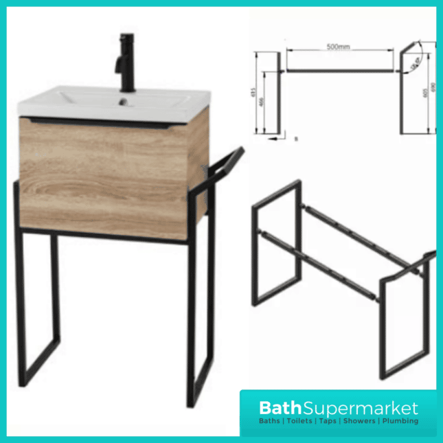 Kore Sonoma Oak Wall Mounted Drawer Unit With Black Frame & Ceramic Basin 500mm