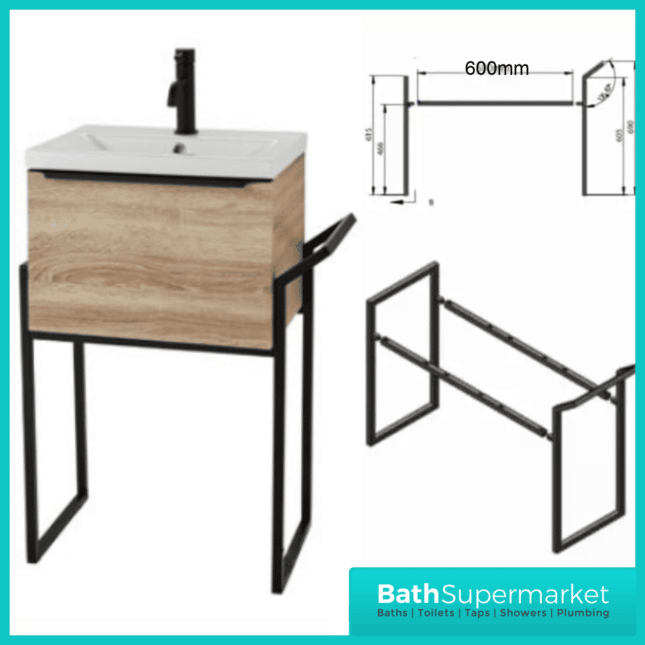 Kore Sonoma Oak Wall Mounted Drawer Unit With Black Frame & Ceramic Basin 600mm - Image 2