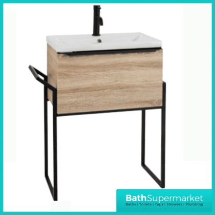 Kore Sonoma Oak Wall Mounted Drawer Unit With Black Frame & Ceramic Basin 600mm