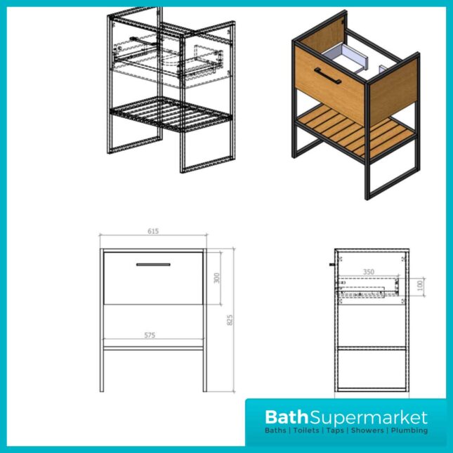 Loft Scandinavian Oak Black Frame Floorstanding Basin Unit & Storage Cabinet Pack