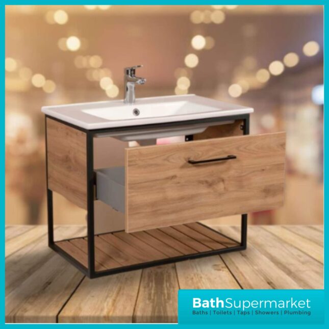 Loft Scandinavian Oak Black Frame Wall Mounted Basin Unit & Storage Cabinet Package