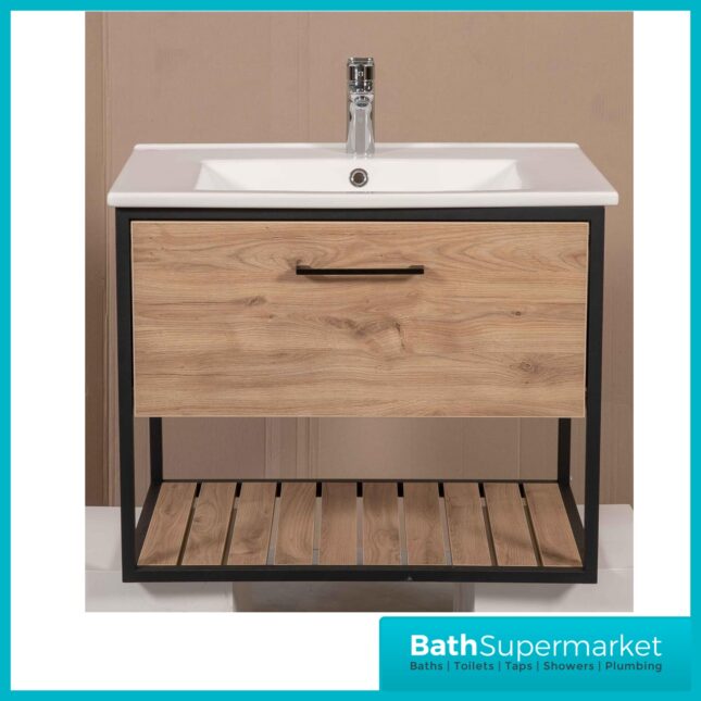 Loft Scandinavian Oak Black Frame Wall Mounted Basin Unit & Storage Cabinet Package