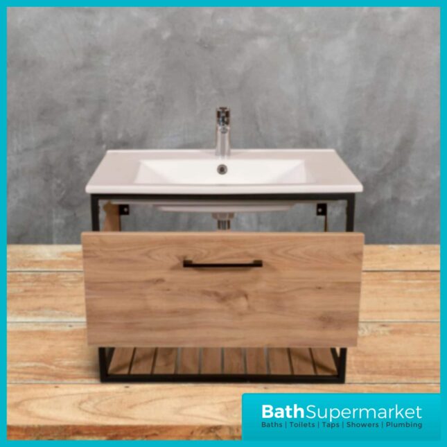 Loft Scandinavian Oak Black Frame Wall Mounted Basin Unit & Storage Cabinet Package