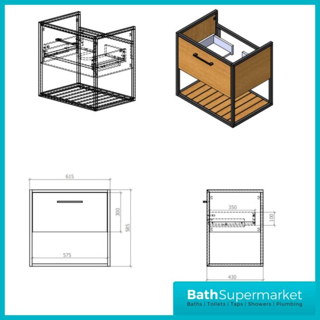 Loft Scandinavian Oak Black Frame Wall Mounted Basin Unit & Storage Cabinet Package