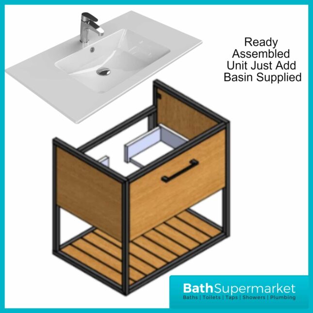 Loft Scandinavian Oak Black Frame Wall Mounted Basin Unit & Storage Cabinet Package