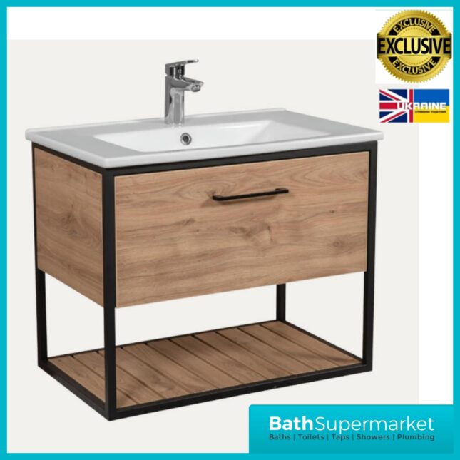 Loft Scandinavian Oak Black Frame Wall Mounted Basin Unit & Storage Cabinet Package
