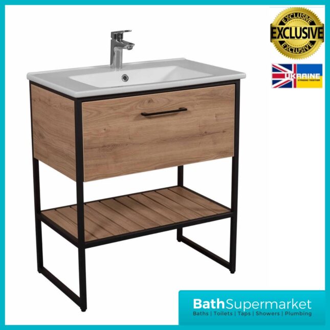 Loft Scandinavian Oak Black Frame Floorstanding Vanity Unit & Basin 650mm