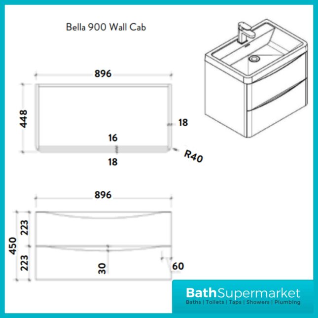 Sognare Cella Matt Grey Wall Hung Vanity Drawer Unit & Basin 900mm Wide - Image 4