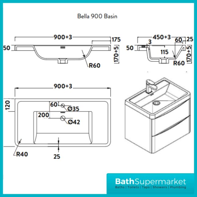 Sognare Cella Matt Grey Wall Hung Vanity Drawer Unit & Basin 900mm Wide