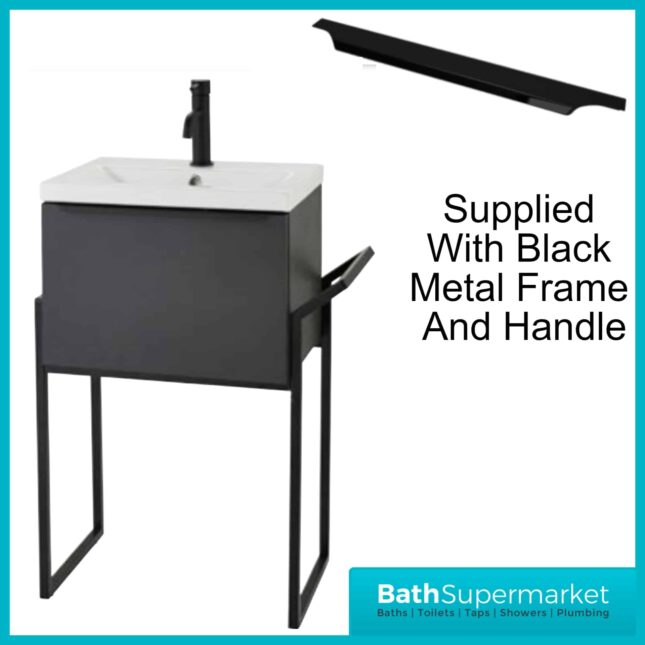 Kore Matt Dark Grey Wall Mounted Drawer Unit With Black Frame & Ceramic Basin 800mm
