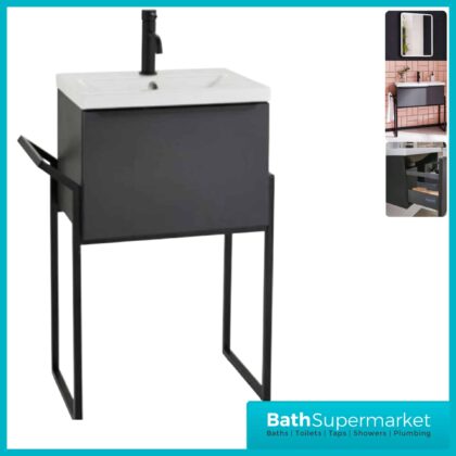 Kore Matt Dark Grey Wall Mounted Drawer Unit With Black Frame & Ceramic Basin 600mm