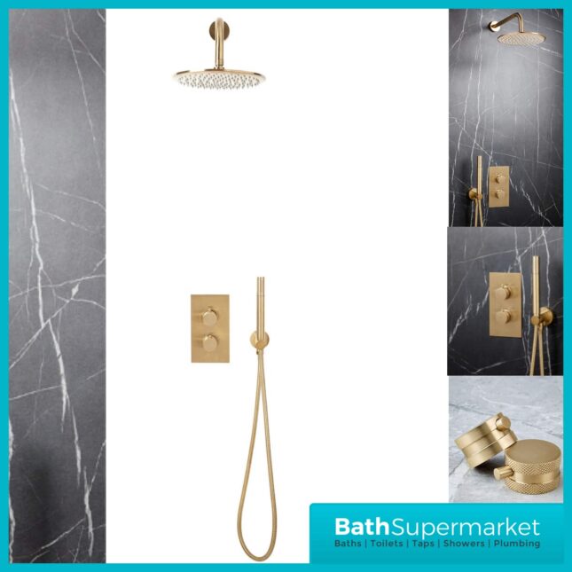 Scudo Core Brushed Brass Round Wall Mounted Head Concealed Thermostatic Valve Shower Kit - Image 6