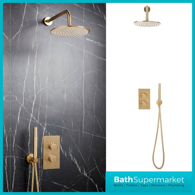 Knurled Brushed Brass Round Wall Mounted Head Concealed Thermostatic Valve Shower Kit