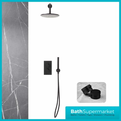 Knurled Black Round Wall Mounted Head Concealed Thermostatic Valve Shower Kit