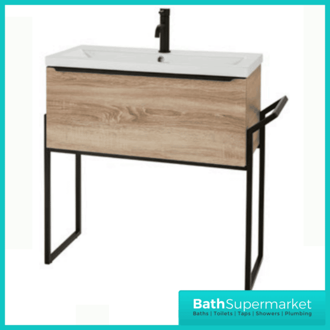 Kore Sonoma Oak Wall Mounted Drawer Unit With Black Frame & Ceramic Basin 800mm - Image 11