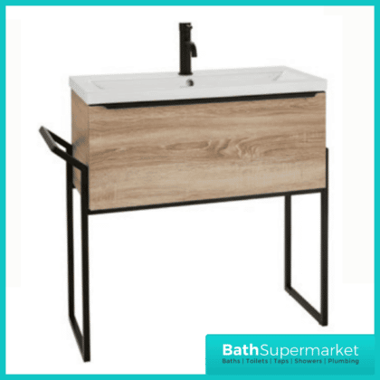 Kore Sonoma Oak Wall Mounted Drawer Unit With Black Frame & Ceramic Basin 800mm