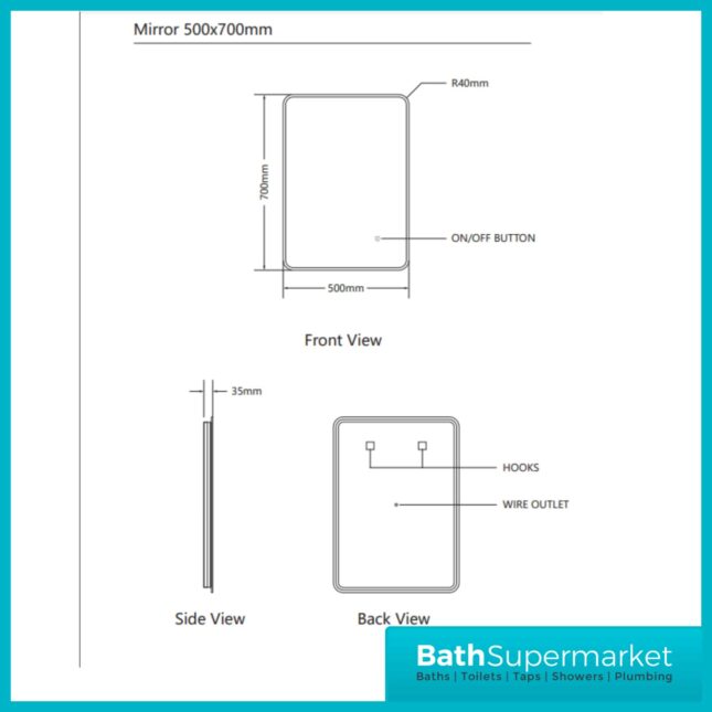 Sognare Vital LED Touch Sensor Mirror With Demister Pad 500mm x 700mm