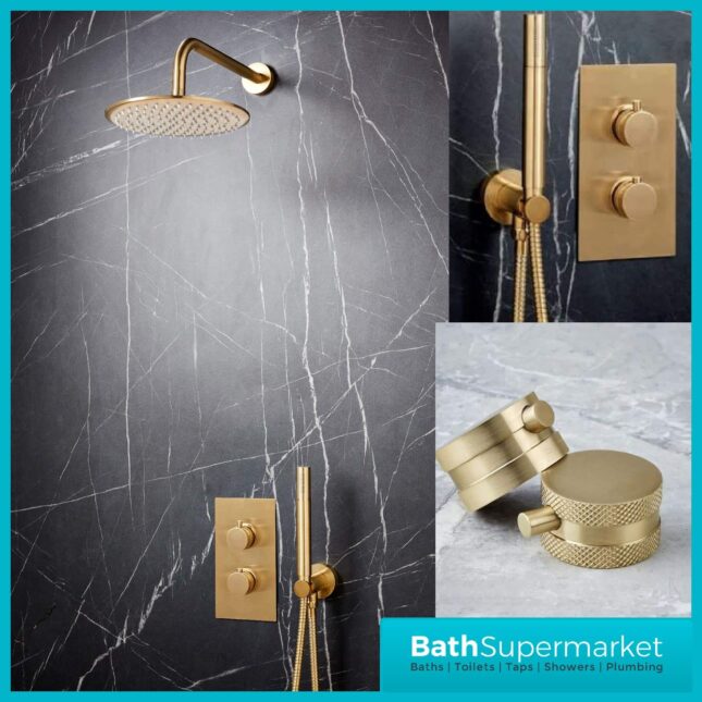 Knurled Brushed Brass Round Wall Mounted Head Concealed Thermostatic Valve Shower Kit