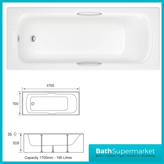 Harbor Gripped Modern White Single Ended Acrylic Bath Twin Grip Chrome - Various Sizes