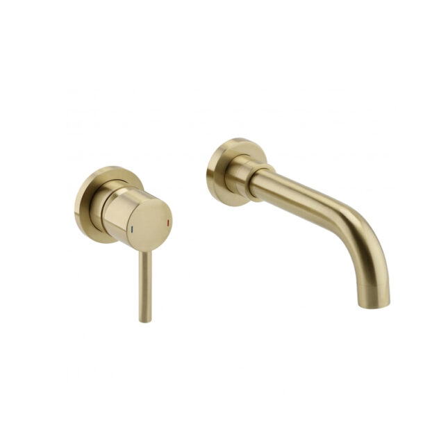 Aeris Brushed Brass Wall Mounted Single Lever Handle Basin Mixer Spout Tap - Image 4