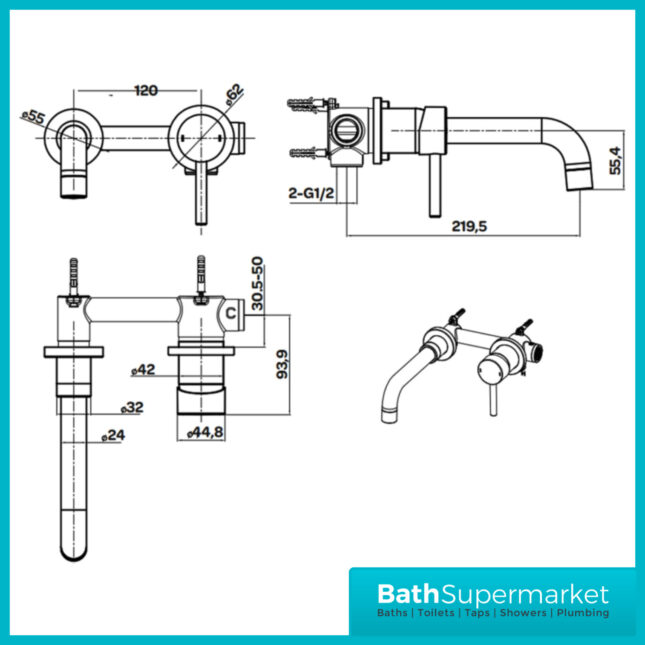 Aeris Brushed Brass Wall Mounted Single Lever Handle Basin Mixer Tap