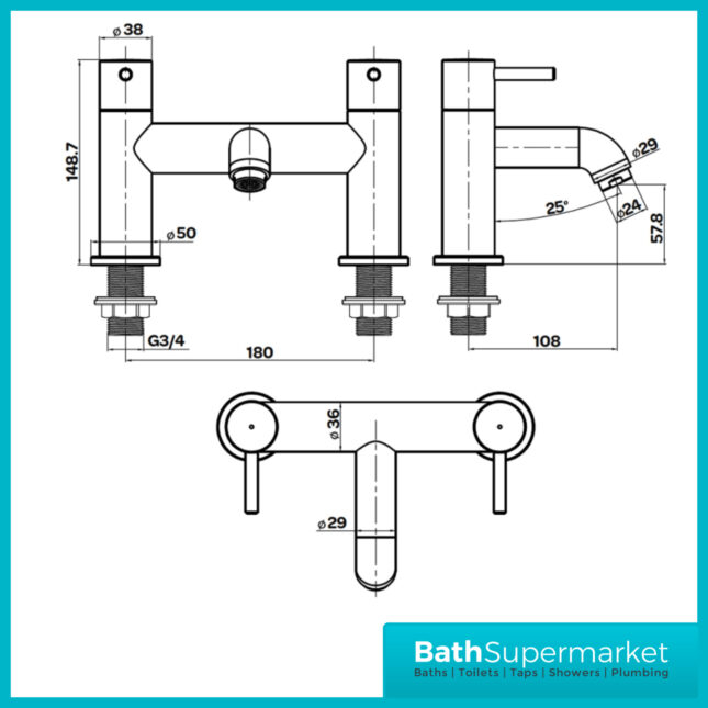 Aeris Brushed Brass Bath Filler Mixer Twin Lever Handle Tap