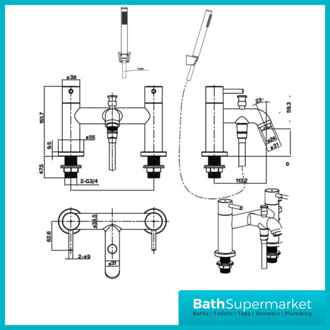 Aeris Brushed Brass Bath Shower Mixer Twin Lever Handle Tap