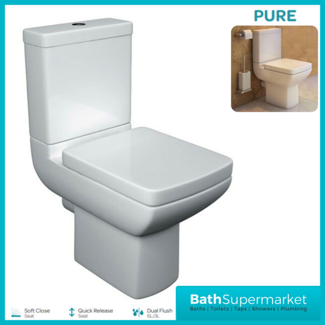 Kartell Pure Open Back Rimless Close Coupled Toilet Pan With Cistern & Soft Close Seat