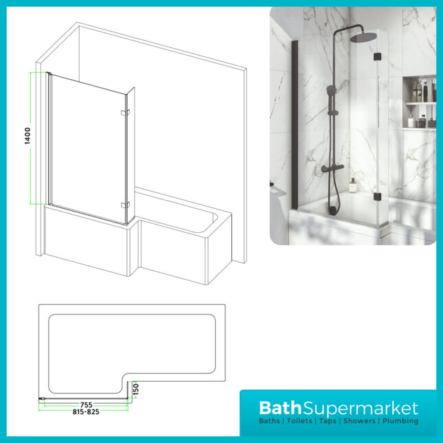 Titan Shower Bath L Shaped With Black Screen & Front Panel 1500mm - 1800mm Sizes