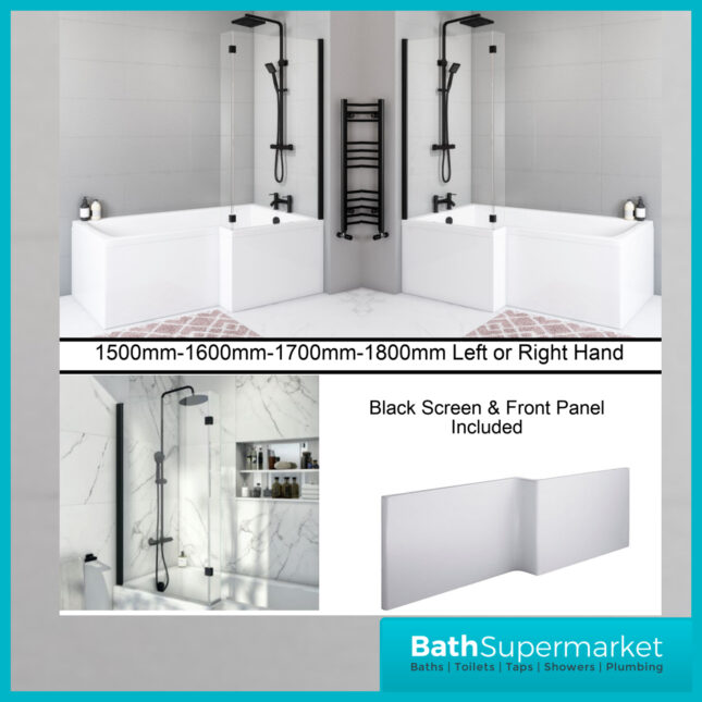 Titan Right Handed Shower Bath L Shaped With Black Screen & Front Panel 1500mm – 1800mm Sizes