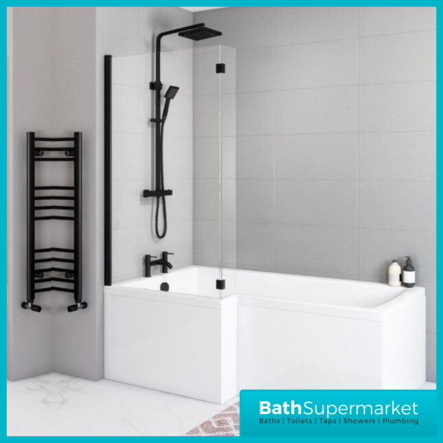 Titan Shower Bath L Shaped With Black Screen & Front Panel 1500mm - 1800mm Sizes