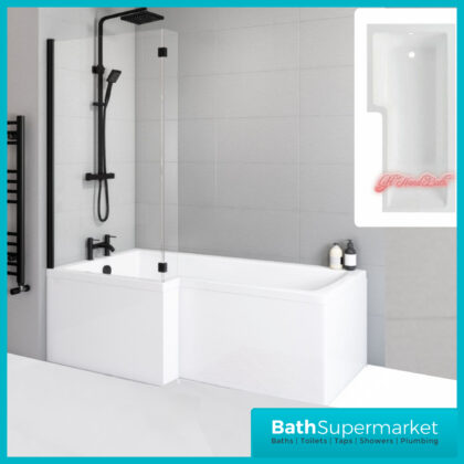 Titan Shower Bath L Shaped With Black Screen & Front Panel 1500mm – 1800mm Sizes