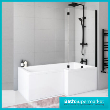 Titan Right Handed Shower Bath L Shaped With Black Screen & Front Panel 1500mm – 1800mm Sizes