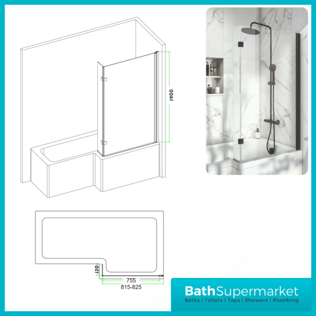 Titan Right Handed Shower Bath L Shaped With Black Screen & Front Panel 1500mm – 1800mm Sizes - Image 6