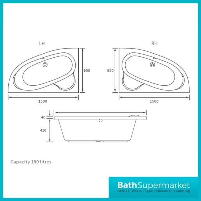 AquaVolere Offset Corner Bath & Panel W/Legs 1500 x 950 x 600mm LH/RH 0TH