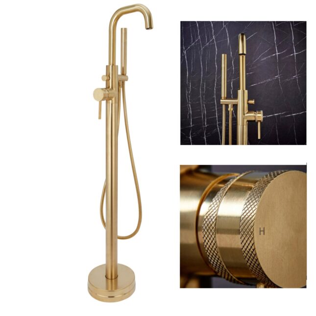 Knurled Brushed Brass Round Freestanding Bath Shower Mixer Floor Tap With Screw Head 2 Types - Image 10