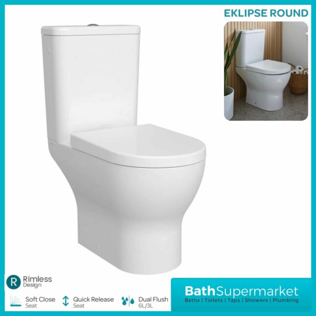 Kartell Eklipse Round Open Back Rimless Close Coupled Toilet Pan With Cistern & Seat