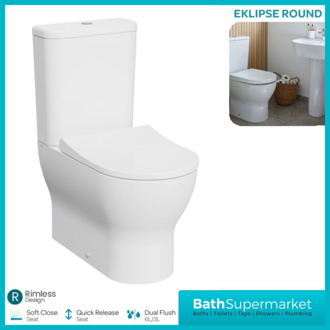Kartell Eklipse Round Closed Back Rimless Close Coupled Toilet Pan With Cistern & Soft Close Seat