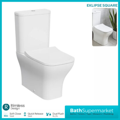Kartell Eklipse Square Closed Back Rimless Close Coupled Toilet Pan With Cistern & Soft Close Seat