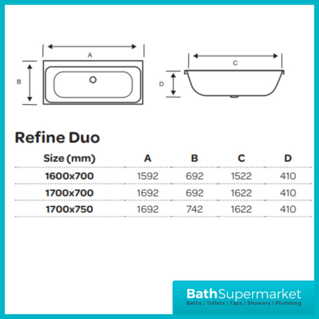 Refine Duo Double Ended Acrylic Bath 1600mm x 700mm, 1700mm x 700mm, 1700mm X 750mm