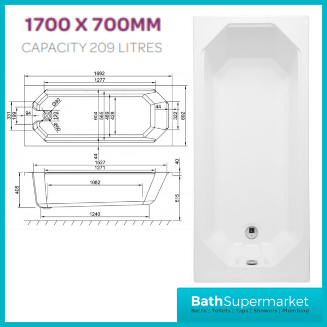 Kvit Astlea Single Ended Acrylic Bath 1700mm x 700mm NTH