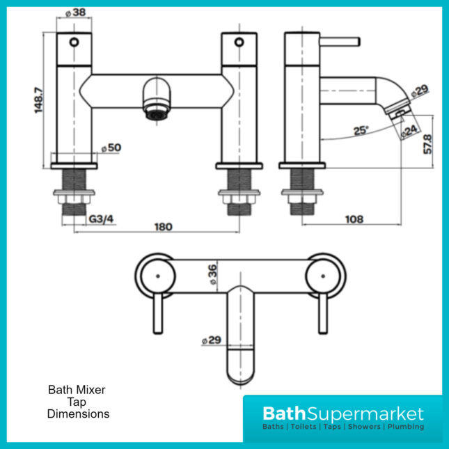 Aeris Matt Black Bath Filler Mixer Twin Lever Handle Tap