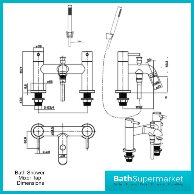 Aeris Matt Black Bath Shower Mixer Twin Lever Handle Tap With Shower Kit