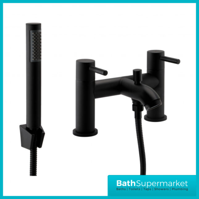 Aeris Matt Black Bath Shower Mixer Twin Lever Handle Tap With Shower Kit